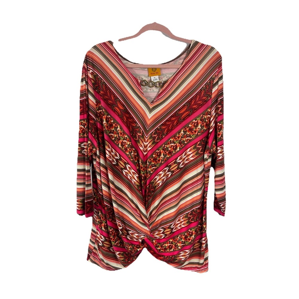 Ruby Rd XL Top Boho Chevron Ikat Print V-Neck Metal Ring Detail Knot Front Artsy